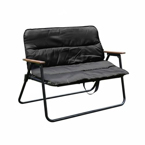 MERIGLARE Double Seat Sofa Banc de Camping Canapé Pliant Fauteuil Double avec Dossier de Soutien Accoudoirs Bois Structure Acier Carbone Toile Oxford Pliage, Noir, Coussin Double W