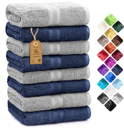 NatureMark 8 Handtücher Set - 100% Baumwolle - Saugfähige und langlebige Handtücher, Größe 50×100 cm, Navy/Silber