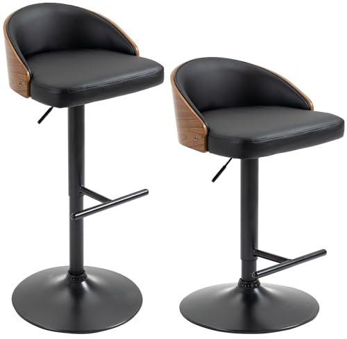 HOMCOM 2er-Set Barhocker mit Fußstütze drehbare Barstühle Barstuhl höhenverstellbar Drehstühle Küchenstühle Kunstleder Holz Schwarz+Kaffee 48 x 49,5 x 76-96 cm