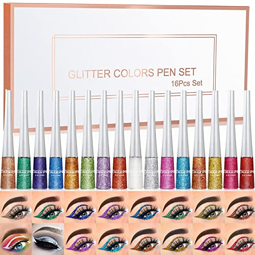 MKNZOME 16 Farben Glitter Eyeliner - Wasserdichter langlebiger flüssiger Liner für Hochzeit, Party, Cosplay & Geschenke