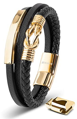 SERASAR Armband för Män Läder Magnetlås i Rostfritt Stål | Äkta Kohud Läder | Flätade Armband | Smycken Presentförpackning Ingår | Modeaccessoarer för Män
