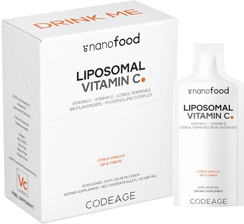 Codeage Liposomal Vitamin C Liquid 1000mg Vitamin C, 4000mg Essential Phospholipids, Supplement For Daily Immune Support, Liposomes For Absorption, Citrus Bioflavonoids, Vitamin E, Non-GMO, 32 Pouches