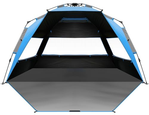 OutdoorMaster Beach Tent with Blackout Shelter Technology, Portable Sun Shade Shelter 4 Person, Pop Up Beach Tents with UPF 50+ UV Protection, 9.5mm Thick Pole, 3 Ventilating Mesh Windows -Blue