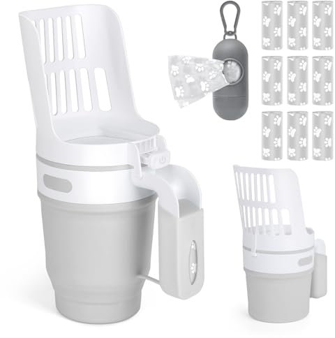 MYPIN Zusammenklappbare Katzenstreuschaufel mit Beuteln, verbesserte Katzenstreuschaufel mit Halter und Abfalleimer, Katzenstreuschaufel mit extra 135 Abfallbeuteln, tragbare Katzenstreuschaufel(Grau)