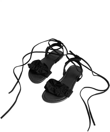 GORGLITTER Women's Lace Up Gladiator Sandals Ruffle Trim Strappy Flat Sandals Casual Tie Up Ankle Strap Sandals Black Size 8