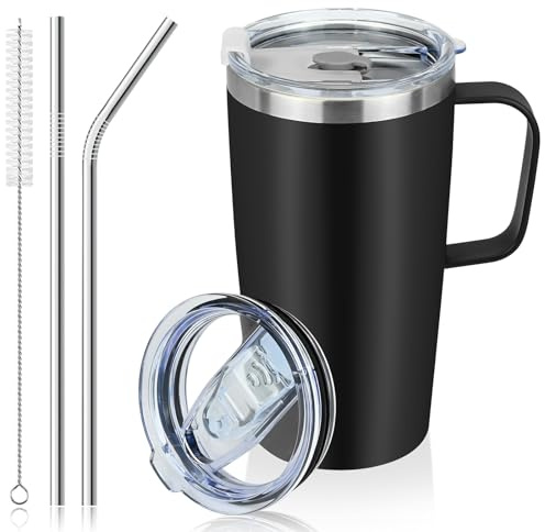 20oz Tumbler Straw Mug, Insulated Tumbler with Handle Straws & 2 Spillproof Lids, 304 Stainless Steel Double Wall Vacuum Insulated Coffee Travel Mug, Reusable Insulated Cup for Hot Cold Drinks(600ml)