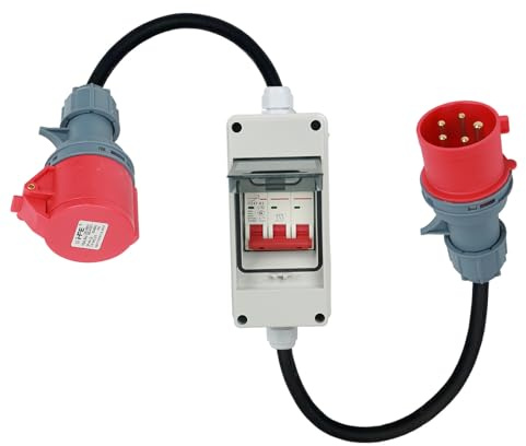 MENAYODA Adattatore CEE 63 A 400 V maschio a 32 A 400 V accoppiamento ad alta corrente con interruttore di protezione 32 A – IP44 CEE spina H07RN-F 5G4/5G6 gomma cavo ad alta tensione 5 x 2,5 mm