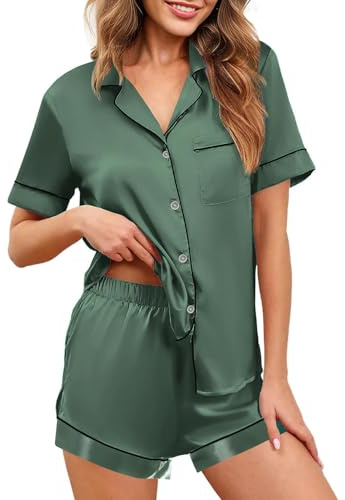 NLAND Dampyjamas-set, satin, sidenpyjamas-set, button-down, sovkläder, kortärmad, sommar, tvådelad, nattkläder, hemmadräkt, Grön, M