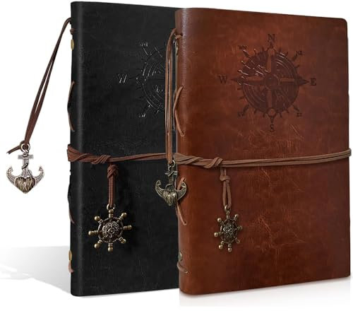 KUIZHEN Leder Notizbuch A6, 2 Stück Vintage Spiralbindung Tagebuch Nachfüllbar Reisetagebuch mit Blanko Kunstleder Notizbuch Reise Notizbuch für Männer und Damen Schwarz, Braun 80 Blatt Papier