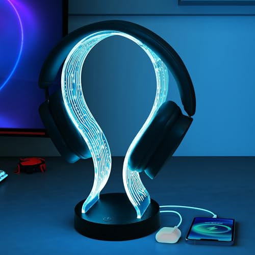 Ammonite Supporto per cuffie luminoso, 16 luci colorate, accessorio da scrivania con 1 porta di ricarica USB e 1 porta di ricarica di tipo C, alimentazione USB e motivo PCB, regalo per giocatori,