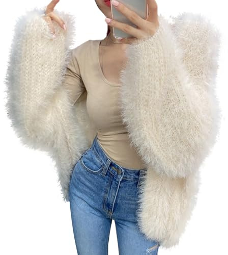 Generic Women's Mohair Long Sleeve Cardigan, Cashmere Cardigan Autumn Winter Pullover, Cashmere Fluffy Top Loose Knitwear, beige, One Size
