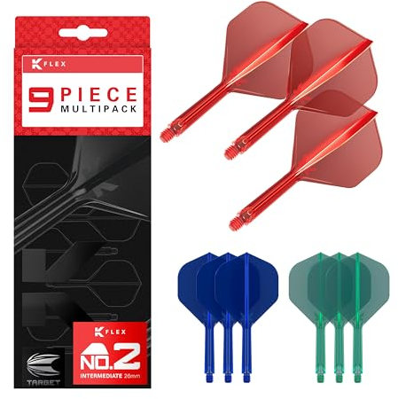 Target Darts K-Flex Integrated Dart Flights and Shafts, Stiel Intermediate Länge (26 mm), Nr. 2 Flug, 9er-Pack, Rot, Blau & Grün