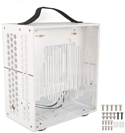 Miniature ITX Desktop Computer Case, 23x20.5x12cmSmall Gaming PC Case, Clear Arcylic 360° Open Hollow Design, Portable DIY Desktop Computer Case for Business Gaming (White)