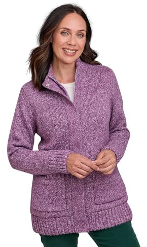 Chums Ladies Fleece Lined Front Pocket Zip Cardigan Cosy Knit with Stud Fastening Plum 16-18