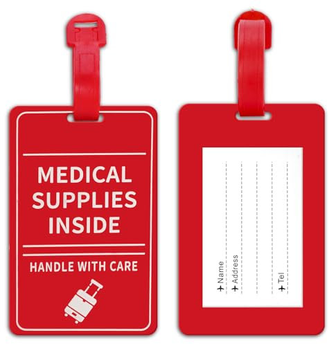 MEDMAX Confezione da 2 etichette mediche per bagagli con carta d'identità, maniglia con cura forniture mediche all'interno per bagagli valigia o borse contenenti dispositivi medicinali, facili da