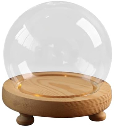 LOVIVER Campana rotonda in vetro trasparente, contenitore decorativo a cupola con base in legno, contenitore per sfere di neve per figure, fiore ricordo, Diametro 10 Cm