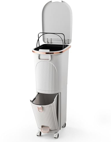 Warmiehomy Recycling Bins for Kitchen 29L Pedal Bin with Inner Bucket 2 Tier Trash Can with 2 Compartment Garbage Bin with Lid Vertical Waste Separation System with Wheels