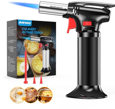 Ankway Bruciatore a flamber, ricaricabile, da cucina, utilizzabile con una sola mano, con indicatore di gas per cucinare, cuocere, campeggio, fai da te e saldatura, nero (butano non incluso)