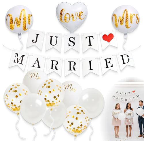 Décoration Mariage Set avec Guirlande Just Married, Mr & Mrs Wedding Decoration, Ballons Latex et Aluminium, Guirlande Vintage, Décoration de Table, Fête, Engagement, Mariage Civil, Anniversaie