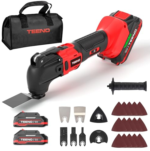 TEENO Utensile Multifunzione Oscillante Senza Fili 20V, Strumento Multifunzione Senza Fili Brushless, 6 Velocità Variabile, 8500-21000RPM, Caricatore, Angolo Oscillante 4°, Per Raschiare, Lucidare