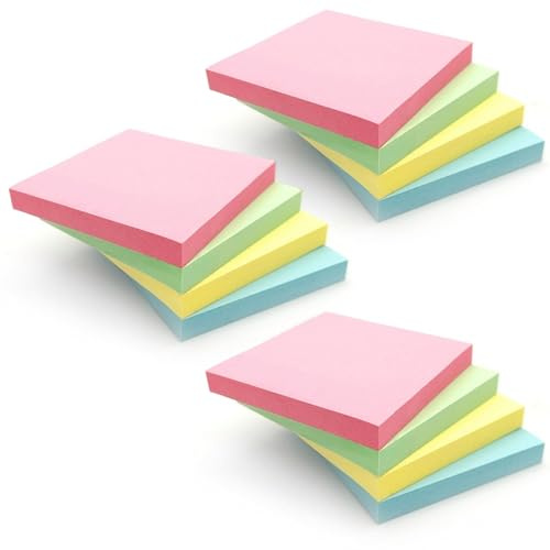 Pastel Sticky Notes Multipack 76x76mm | 1200 Sheets | 12 Pads x 3 Packs | 12-Pad Set, Colourful Removable Adhesive Memo Pads in Blue, Pink, Green, Yellow, 100 Sheets for Office, Home & School Use