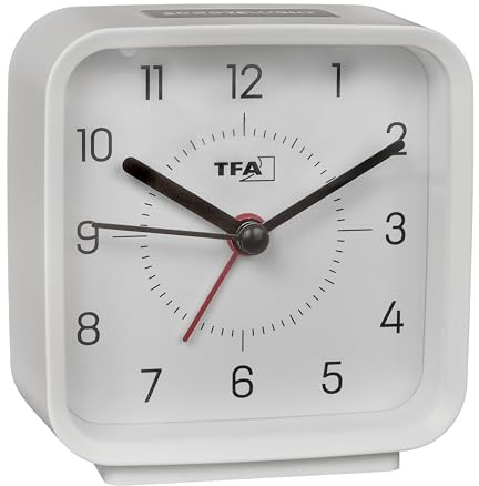 TFA Dostmann analog väckarklocka batteridriven, 60 1044, inklusive kvartsur, tickar inte, för sovrum/vardagsrum/kök, med snooze-funktion, inklusive bakgrundsbelysning, vit-grå