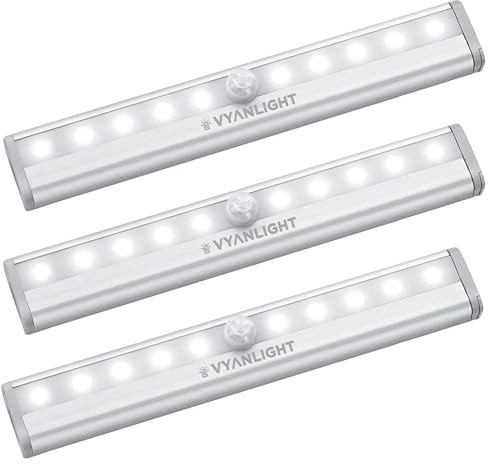 VYANLIGHT Motion Sensor LED Under Cabinet Lights, 10 LED Light Strips for Closet, Kitchen, Bathroom, Pantry - Battery Operated, Wireless, Peel and Stick, 3 Pack