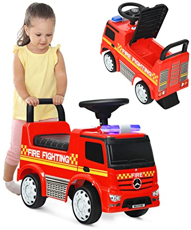GOPLUS Camion à Pousser pour Enfants, Porteur Enfant Voiture avec Klaxon, Musique, Rangement sous Siège, Phare LED,Voiture à Pousser pour Enfants de 1 à 3 Ans,Charge maximale 25KG (Rouge(Pompier))