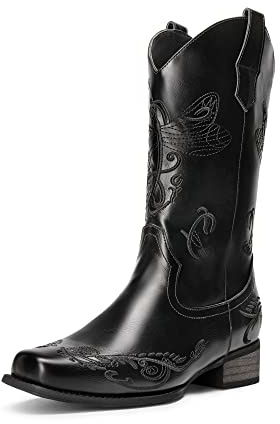 DREAM PAIRS Women's Fashion Cowboy Boots | 1.5-Inch block heel designed to feature a square toe and embroidery detail to complete your cowgirl style at parties