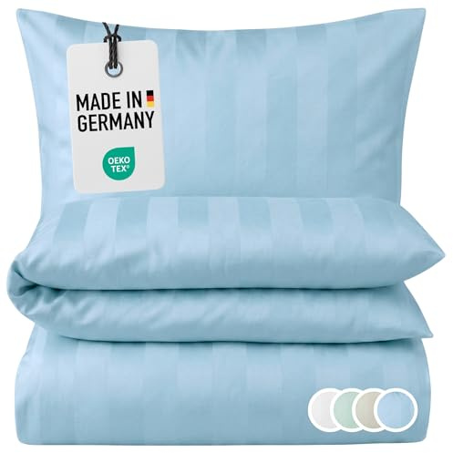 Carpe Sonno Damast Mako Satin Bettwäsche 135 x 200 [Made in Germany] Damast Bettwäsche 135x200 Baumwolle | Hotel Bettbezug mit Reißverschluss & Kissenbezug 80x80 Sommer bis Winter | Blau gestreift