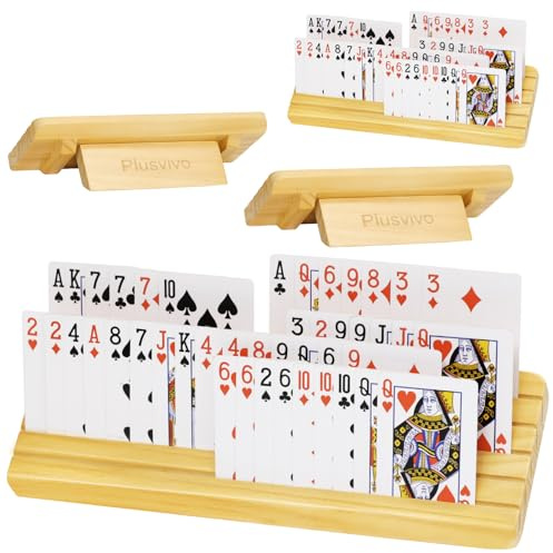 plusvivo Card Holders for Playing Cards with Adjustable Stand Set of 4, Playing Card Holders for Seniors Adults Kids 5 Slots up to 110 Cards, 12 Wooden Card Holder for Canasta Bridge