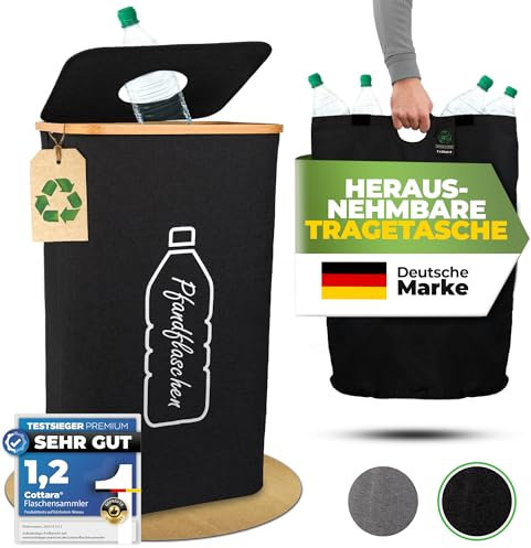 COTTARA® Pfandflaschen Sammelbehälter mit Deckel inkl. Tragetasche | Pfandbehälter mit Einwurf | Ideal als Pfandflaschen Behälter Flaschensammler Leergut Sammelbehälter für Küche 100L (Schwarz)