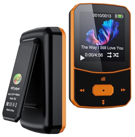 Reproductor MP3 Bluetooth 5.3 de 64GB,Mini-Diseño Deportivo con Clip con Pantalla a Color TFT de 1,5 Pulgadas,con botón de Volumen Independiente, Radio FM, podómetro,mp3 con Radio,mp3 Running