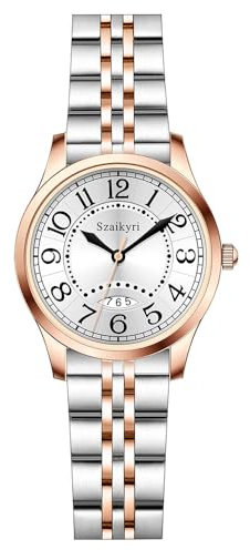 Szaikyri Klassik Uhr für Frauen mit Einfacher Zeit Lese Arabische Ziffern Damenuhren mit Kalender Wasserdicht (Silver-Rosegold Black)