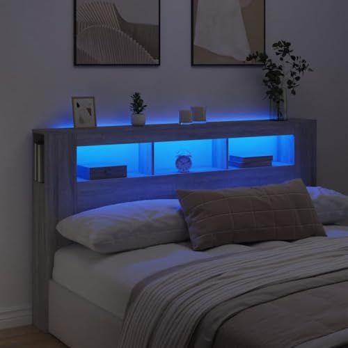 Capwee Tête de Lit 180 avec Rangement et LED pour Adulte - Bois-Sonoma Gris - 180 x 103.5 cm