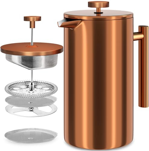 KICHLY 1000ml Stainless Steel French Press - Double Wall Coffee Press - Stainless Steel Plunger Coffee & Tea Maker (Bronze, 1.0 Ltr, Pack of 12)