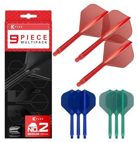 TARGET Darts K-Flex integrerade dartflygningar och axlar, nr.2, Kflex 9-pack paket – K Flex 3 färger | svart, vit, klar, röd, grön, blå, rosa, orange, gul | kort, mellanliggande, medium