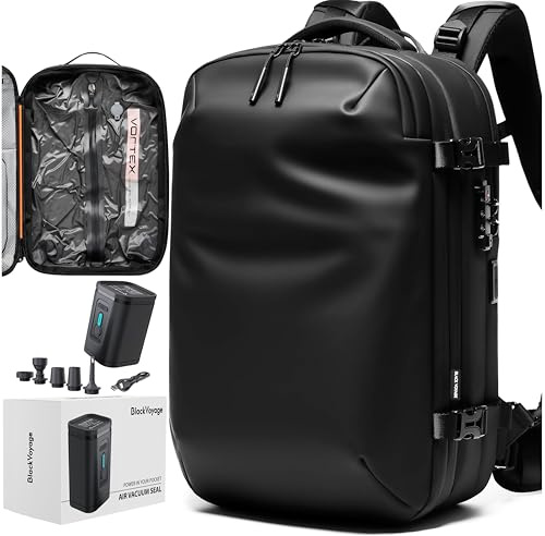 BlackVoyage Vortex - Mochila de viaje con sellado al vacío, sistema de compresión de aire expandible, resistente al agua, bloqueo TSA, Zephyr (negro), 60L (Air Pump Included), Zephyr