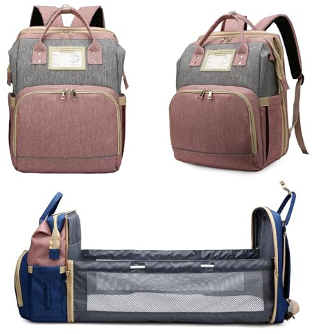 AZOOKEN Baby skötväska, ryggsäck, multifunktions babyväskor mamma axelväska för resor shopping camping med säng unisex för mammor och pappor, Rosa och grått, M