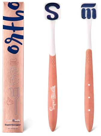 SuperMouth® Ortho Tongue Scraper for Teens & Adults – Patented Triple Action Brush, Scrubber & Scraper Removes Bad Breath & Odor-Causing Buildup From Tongue, Gentle Oral Care with Braces & Aligners