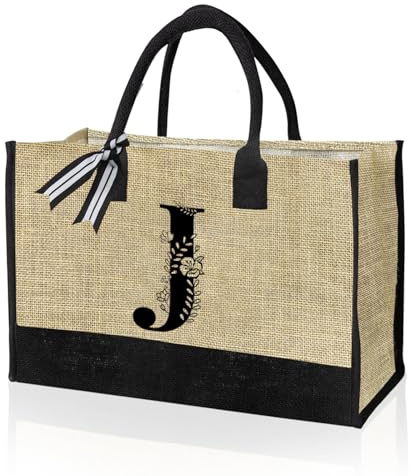VLYX Bolso Tote de Lona con Inicial Personalizado, Bolsa de Playa, Regalo Ideal para Cumpleaños, Bodas, Playa, Vacaciones, Excelentes Regalos de Cumpleaños para Mujeres y Mamás - J