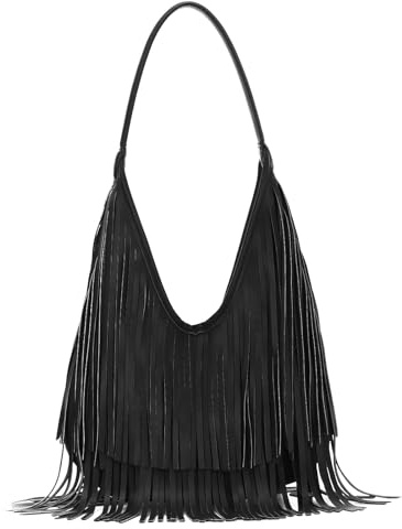 Fecialy Vintage Fransen Umhängetasche für Damen Leder Quastentasche Hobo Tasche Western Hippie Messenger Tasche