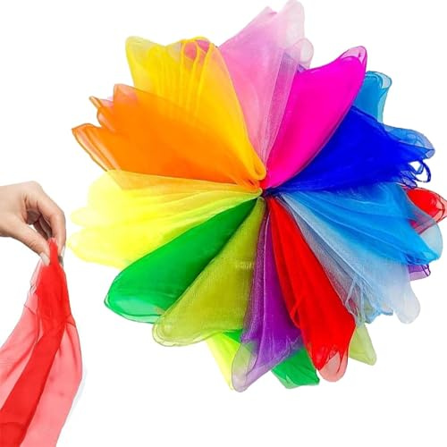 12 Pcs Dance Sensory Scarves, Soft Magic Juggling Scarf, Fabric Play Silks, Colourful Sensory Rhythm Square Scarves for Magic Shows, Gymnastics, Music Plays
