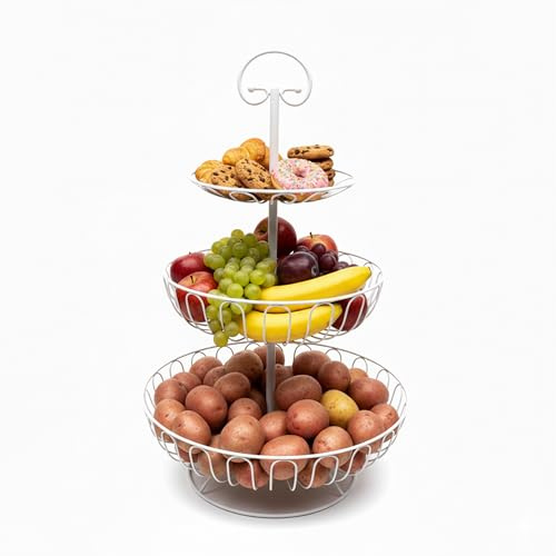 Relaxdays Etagere de Frutas de 3 Pisos, Metal, HxD: 47 x 30 cm, Frutas y Verduras, con Mango, Cesta Redonda, Blanca