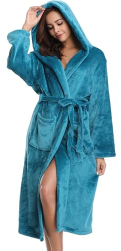 Vlazom Dressing Gown, Flannel Soft Bathrobe Cosy Robes Fluffy Winter Hooded Housecoat for Women/Men, Peacock Blue-with Hooded, 43813