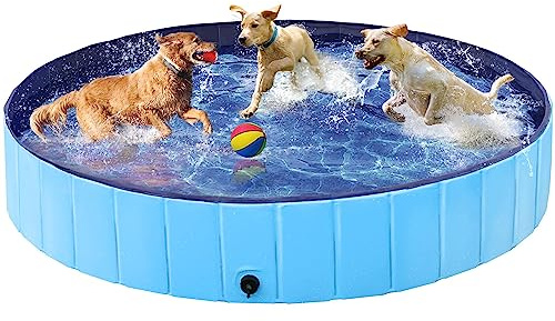 Yaheetech PVC Foldable Dog Paddling Pools Pet Swimming Pool Portable Puppy Extra Large Bathing Tub with Brush for Indoor Outdoor 160 x 30cm Blue