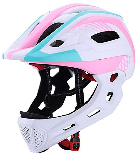 QYTK Fahrradhelm Kinder mit Abnehmbarem Kinnschutz Jungen/Mädchen Fahrrad Integralhelm Downhill Helm Skateboard Rollerblading Inlineskaten Kinderfahrradhelm Licht Helm (52-56CM) (Weiß Puder Blau)