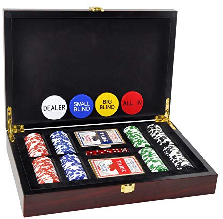 DUCIHBA Poker Set - 200 Pieces, 14 Gram Casino Clay Chips, 2 Decks of Cards, 5 Poker Dice, 4 Buttons - Wooden Storage Case - Cherry Red & Brown