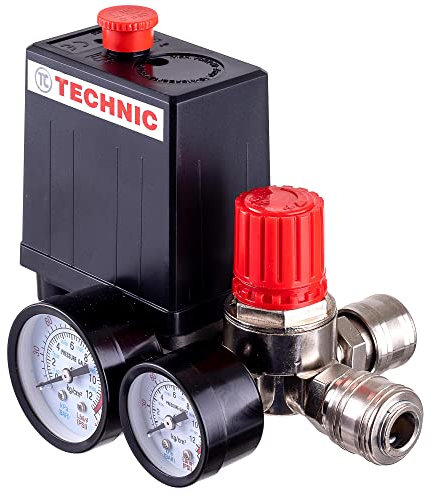 TC TECHNIC Regulador de presión, interruptor de compresor de aire, 2 manómetros, automático, negro