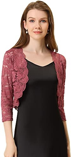 Allegra K Damer blommor bröllop bolero transparent spets Shrug fram öppen långärmad kofta, Dämpad rosa, L